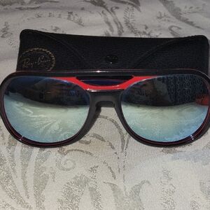 Ray-Ban Red Frame Sunglasses with Blue Lenses